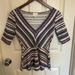 Deletta Anthropologie Boho Peplum Top Textured Stripe V Neck Fit & Flare XS